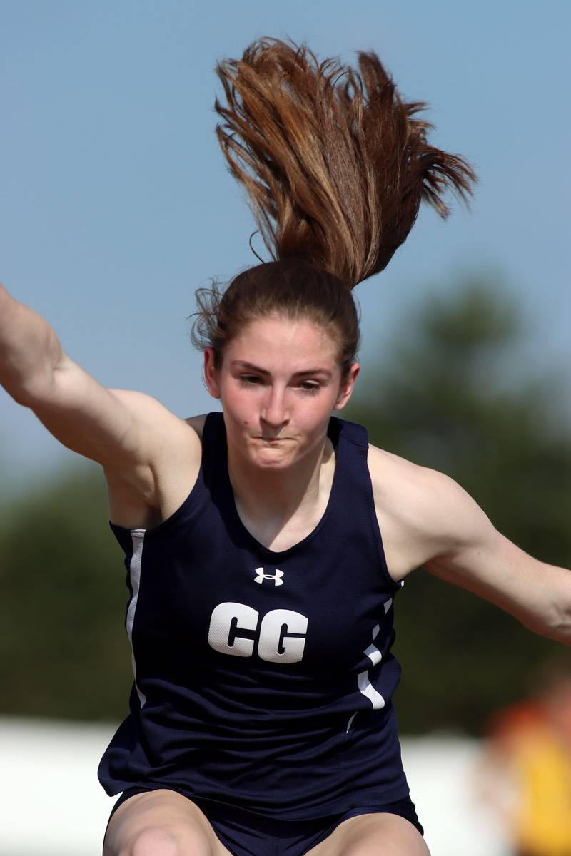 Cary-Grove’s Caelie Mendro competes in the triple jump in IHSA Class 3A Girls Sectional Track and Field Meet action at Red Raider Stadium on the campus of Huntley High School in Huntley on Wednesday, May 14, 2025.