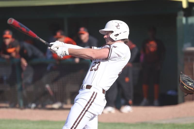 Joliet Catholic’s Trey Swiderki connects against Leo in the Class 2A sectional semifinal on Thursday, May 25, 2023, in Joliet.