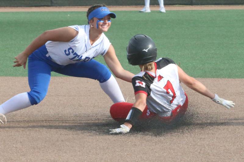 St. Charles North's Mackenzie Patterson tags out Marist's Jacklyn Pigatto at second base during the Class 4A championship game on Saturday, June 8, 2024 at the Louisville Slugger Sports Complex in Peoria.