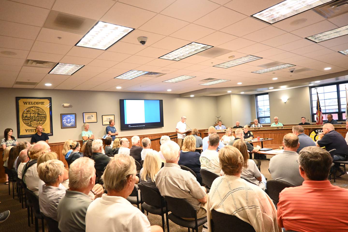 Nearly 50 pickleball enthusiasts flooded the council chambers Monday night to show their support during the Illinois Pickleball Club’s presentation requesting the tennis courts at Washington Park be painted with pickleball lines, allowing the courts to be utilized as both tennis and pickleball courts.