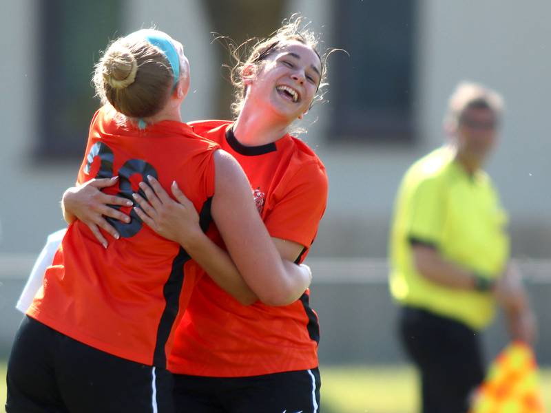 Crystal Lake Central’s Addison Schaffer, right, is greeted by Ally Barnett after a Schaffer goal against Hononegah in IHSA Class 2A Sectional Semifinal girls soccer on Monday, May 25, 2026 at Crystal Lake Central High School in Crystal Lake.