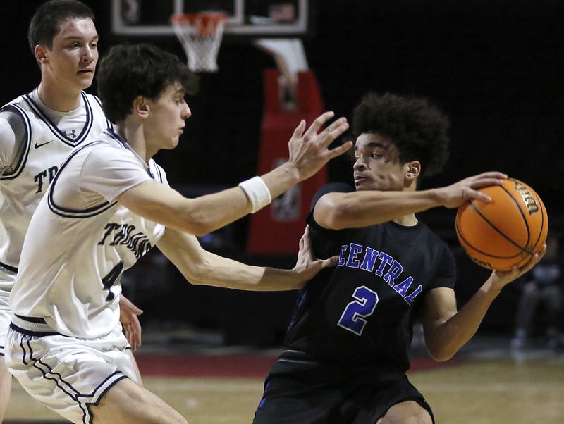 Cary-Grove's Dylan Dumele guards Burlington Central's Caden West during a Fox Valley Conference basketball game  on Tuesday, Jan. 14, 2025, at Now Arena in Hoffman Estates.