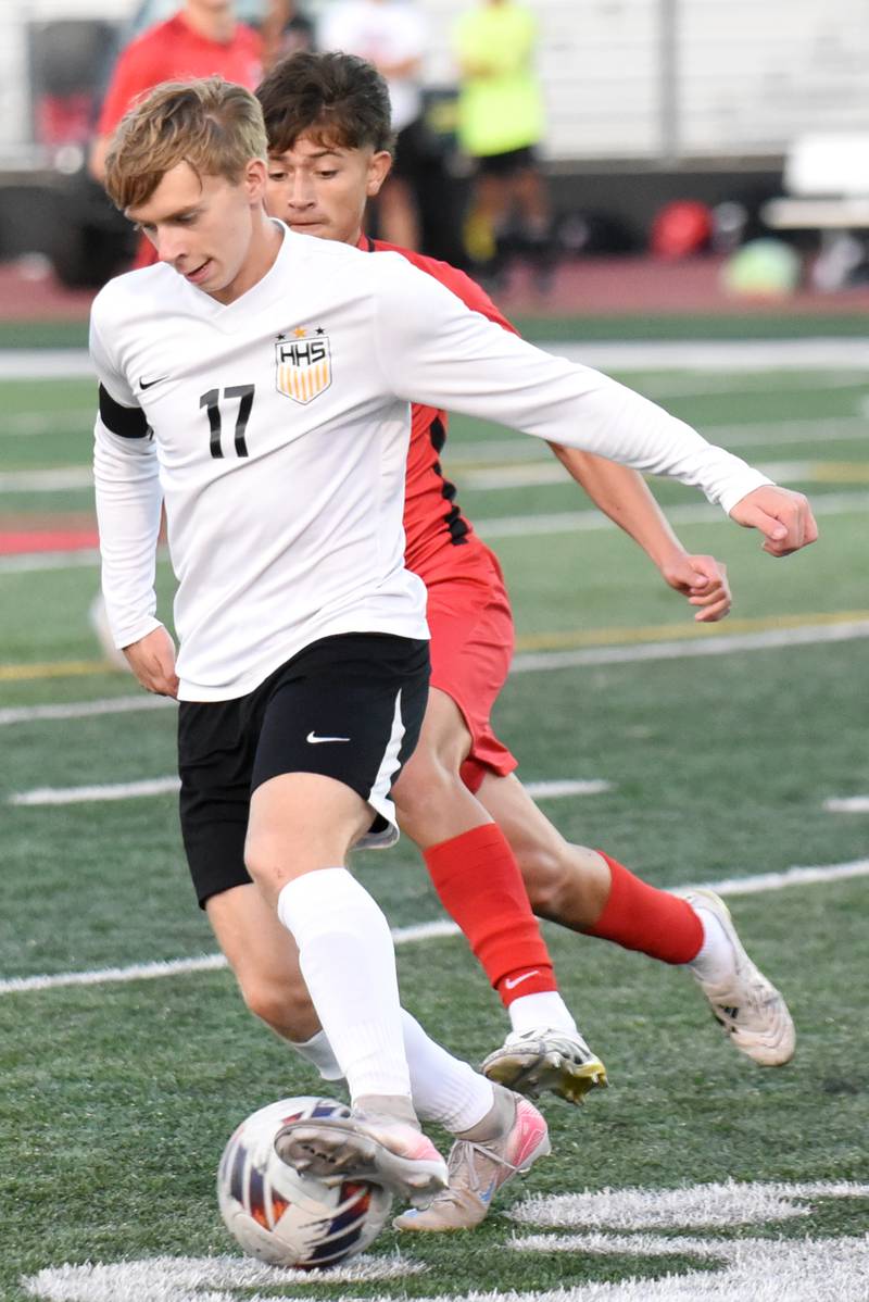 Herscher's Connor Buckley dribbles the ball in front of Bradley-Bourbonnais' Guadalupe Valadez during a game at Bradley-Bourbonnais Thursday, Sept. 11, 2025.