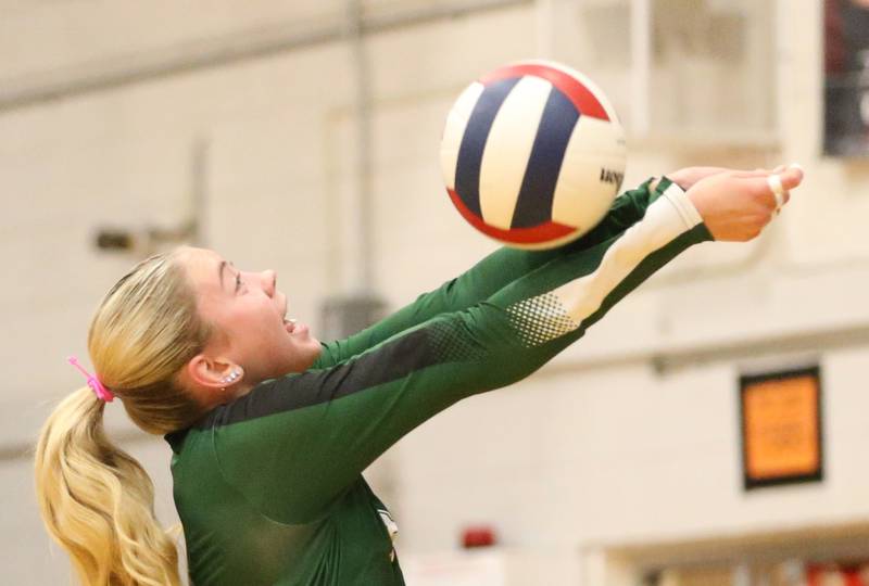 St. Bede's Ayla Yeske saves the ball from drifting out of bounce against Henry-Senachwine on Tuesday, Oct. 21, 2025 at Henry-Senachwine High School.