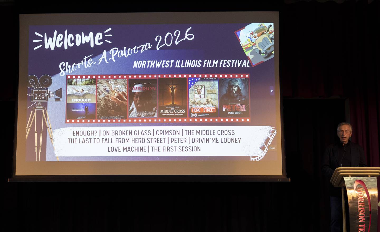 Northwest Illinois Film Office Executive Director Gary Camarano introduces the screening of the 6th Annual Northwest Illinois Film Festival Wednesday, April 29, 2026. The fest took place on the campus of Morrison Institute of Technology.