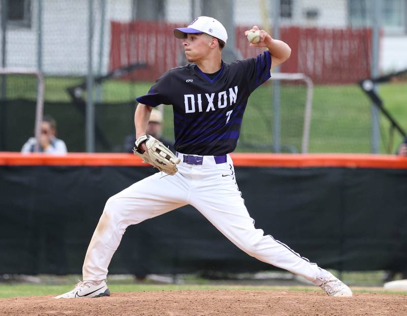 Dixon's Eli Kirchoff delivers a pitch in at the last inning Thursday, May 29, 2025, during their Class 3A regional semifinal win over Sycamore at Freeport High School.