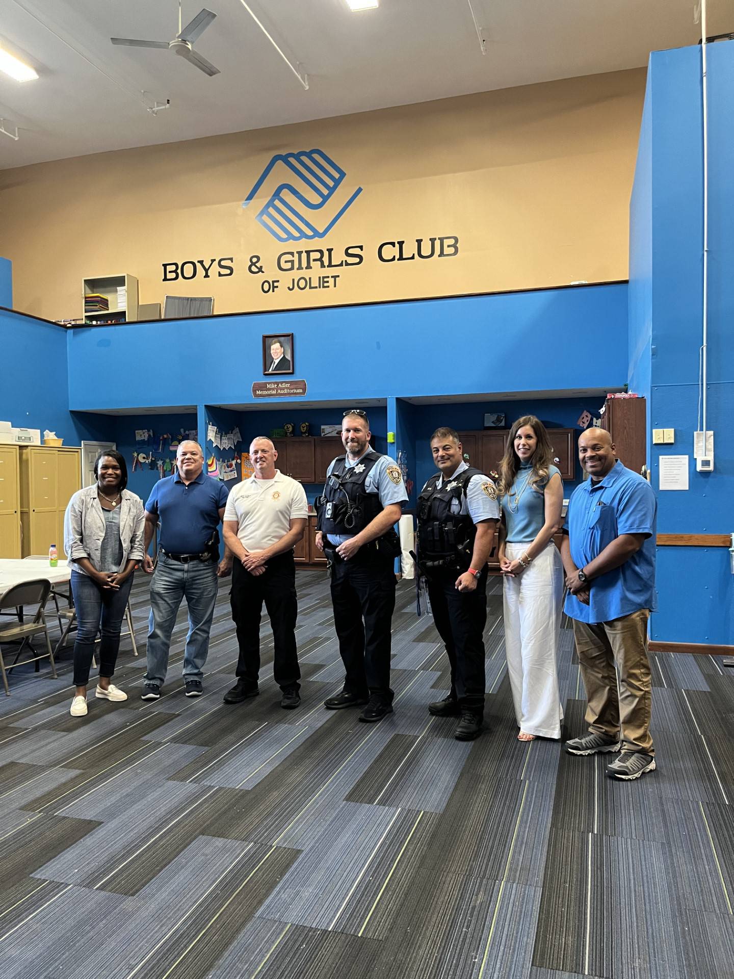 The Boys & Girls Club of Joliet recently formed new partnerships with the Joliet Fire Department, the Joliet Police Department and Joliet Junior College to support safety at the club. Pictured, from left, are Chantel Gamboa, Joliet Police Chief Bill Evans, Joliet Fire Chief Jeff Carey, Joliet Police Officer Ryan Shaw, Joliet Police Officer John Perri, Board President Kelly Rohder-Tonelli, Deputy Police Chief Tracy Williams, JJC.