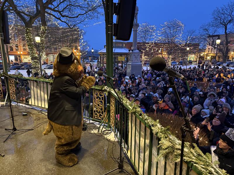 The Woodstock Willie mascot entertains the crowd before the Groundhog Day prognostication on Feb. 2, 2026.