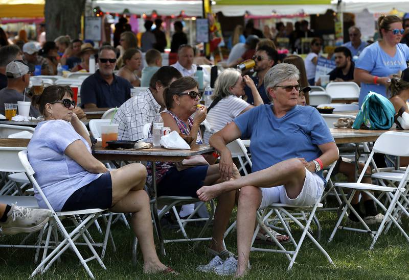 People listen to the music of Johnny Russler & The Beach Bum Band during Lakeside Festival on Thursday, July 3, 2025, on the grounds of the historic Dole Mansion in Crystal Lake,