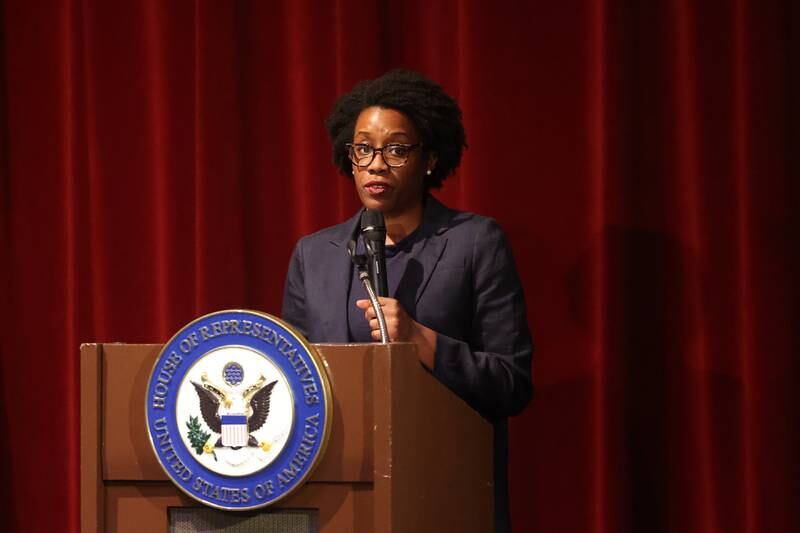 Illinois District 14 Representative Lauren Underwood speaks at a Town Hall meeting hosted by Underwood at Bicentennial Park in Joliet on Wednesday, Aug. 7, 2024.