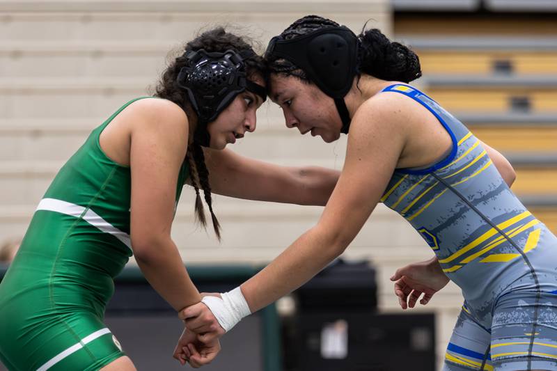 Plainfield Central's Aaliyah Banda takes on Nadya McCottrall of Joliet Central in the 140-pound match at Plainfield Central on January 13, 2025.