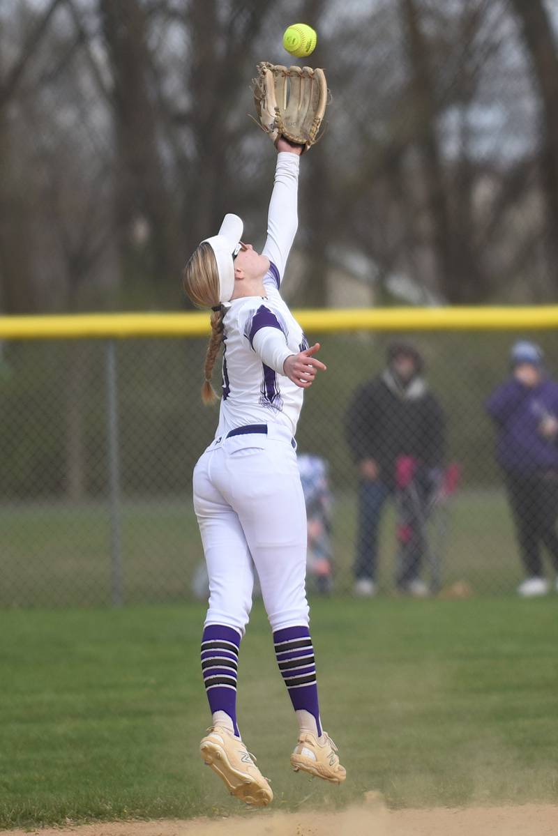 Wilmington's Nina Egizio makes a leaping attempt at a line drive during a home game against Herscher Tuesday, April 15, 2025.