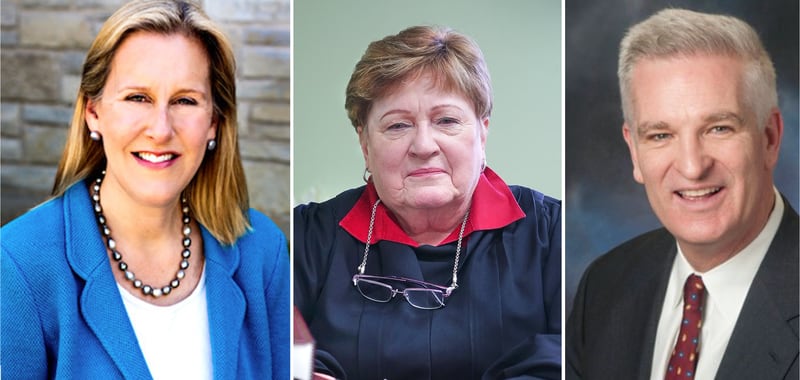 A Cook County judge Thursday reversed a state electoral board decision that had removed Democrat Nancy Rodkin Rotering, left, and Republicans Susan F. Hutchinson, center, and Mark Curran, right, from the ballot. All three are running to represent the 2nd judicial district on the Illinois Supreme Court.