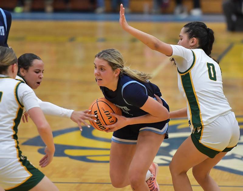 Nazareth’s Stella Sakalas muscles through the Waubonsie Valley’s defense during the Class 4A Lyons Supersectional game on March 2, 2026 at Lyons Township High School in LaGrange.