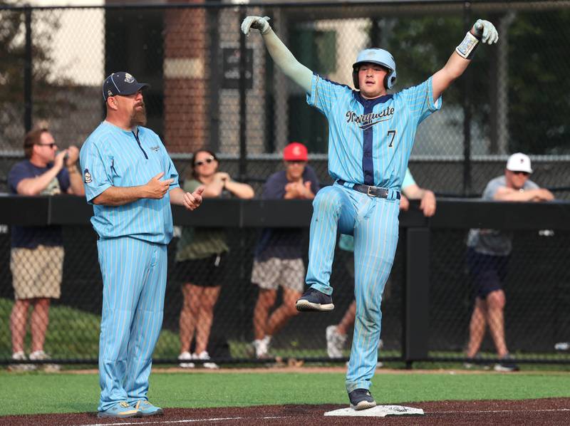 Marquette's Keaton Davis celebrates after hitting a triple Monday, June 2, 2025, during their Class 1A supersectional game against Fulton at Northern Illinois University in DeKalb.