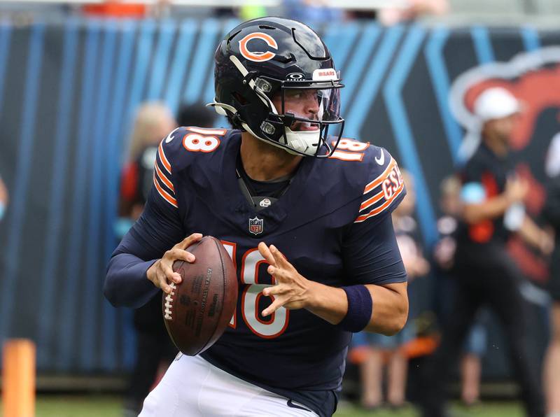 Chicago Bears quarterback Caleb Williams looks for a receiver during their game against the Cincinnati Bengals in August at Soldier Field in Chicago.
