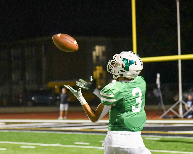 York’s wide receiver Chris Danko (3) catches the ball for a touch down during the second quarter while taking on Nazareth Academy on Friday Sep. 1, 2023, in front of a home crowed in Elmhurst.