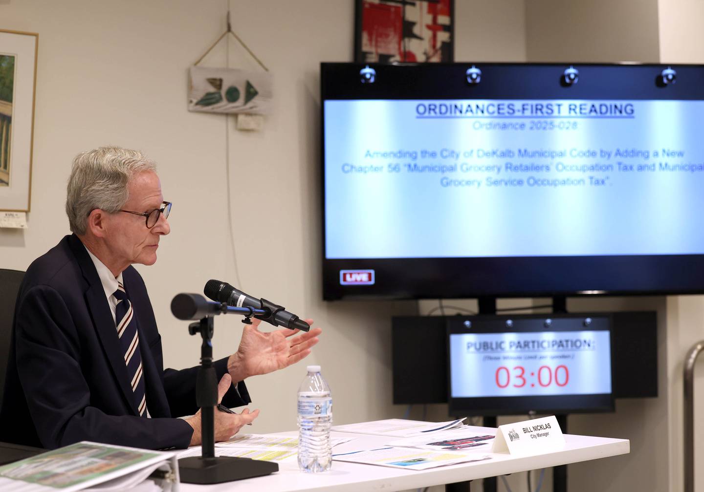DeKalb City Manager Bill Nicklas gives background Monday, June 23, 2025, on the proposed city grocery tax during the DeKalb City Council meeting at the DeKalb Public Library.