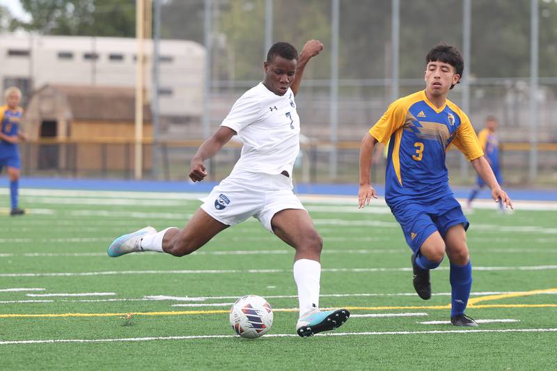 Plainfield South’s Amir Saba takes a shot against Joliet Central on Tuesday, Sept. 5, 2023 in Joliet.