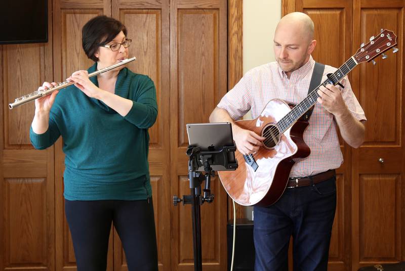 Kristin Paxinos and Ben Westfall from Da Capo Music Studio entertain at the Be the Match Stem Cell Screening and Blood Donation Event at Elburn's Lion's Club that was held for Frankie Techter on Saturday, April 8, 2023.