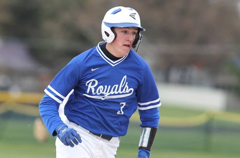 Hinckley-Big Rock's Ben Hintzsche runs to third during their game Monday, May 1, 2023, at Indian Creek High School in Shabbona.