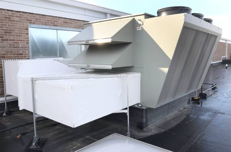 One of the new air conditioning units Thursday, Nov. 3, 2022, on the roof of Huntley Middle School.