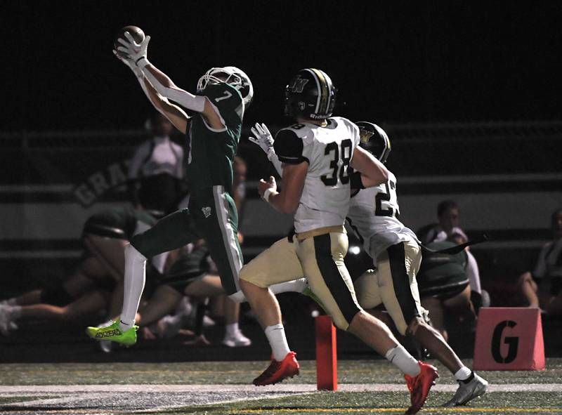 Grayslake Central’s Bryce Carlson catches his third touchdown against Grayslake North in the first half of a football game at Central High School on Thursday, September 14, 2023.