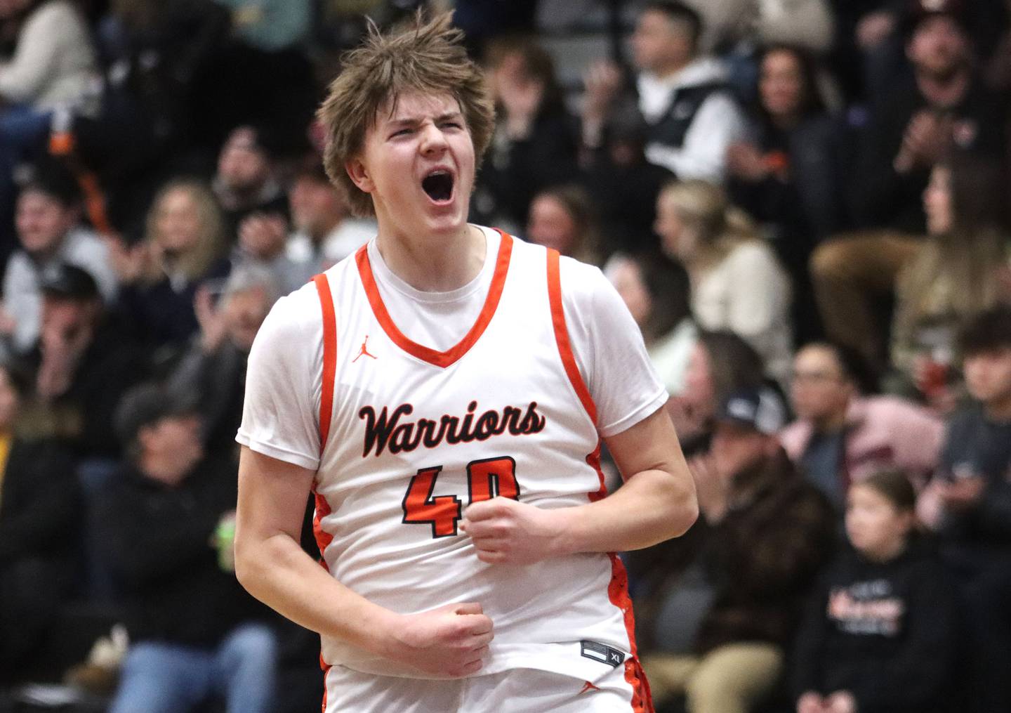 McHenry’s Nathan Ottaway gets revved up against Crystal Lake South in varsity boys basketball on Friday, Feb. 20, 2026, at McHenry High School in McHenry.