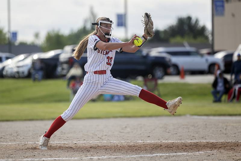 Fulton’s Jessa Read fires a pitch against Newman Tuesday, May 19, 2026, at the Class 1A softball regionals at Newman.