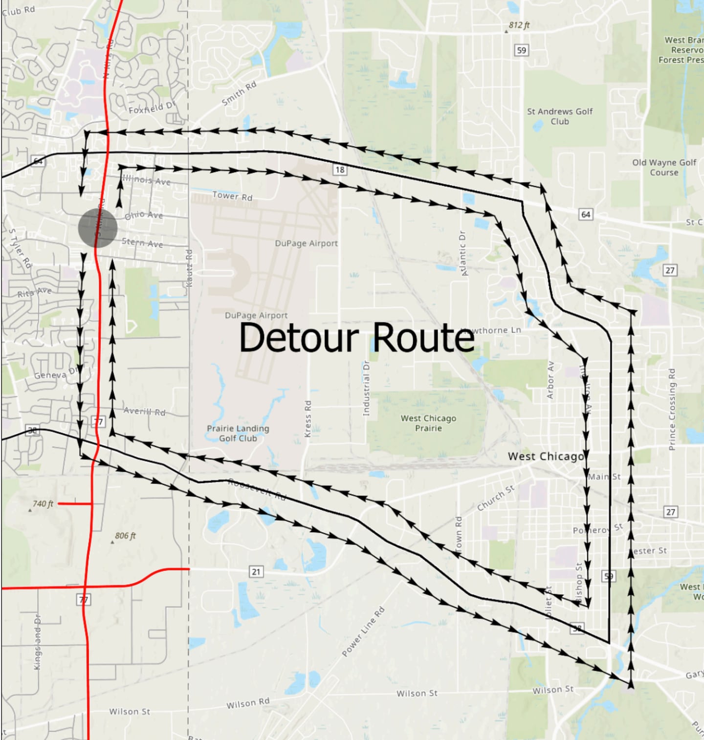 A detour has been posted for road work along Kirk Road near St. Charles.