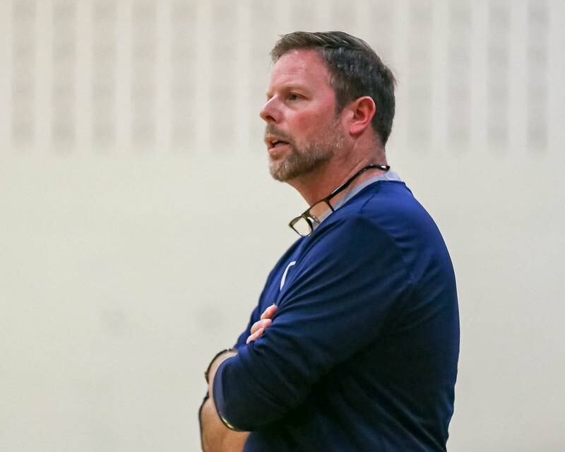 Oswego East's head coach Abe Caretto looks on in their York Thanksgiving Tournament game between Oswego East at York on Monday, Nov 18, 2024  in Elmurst.