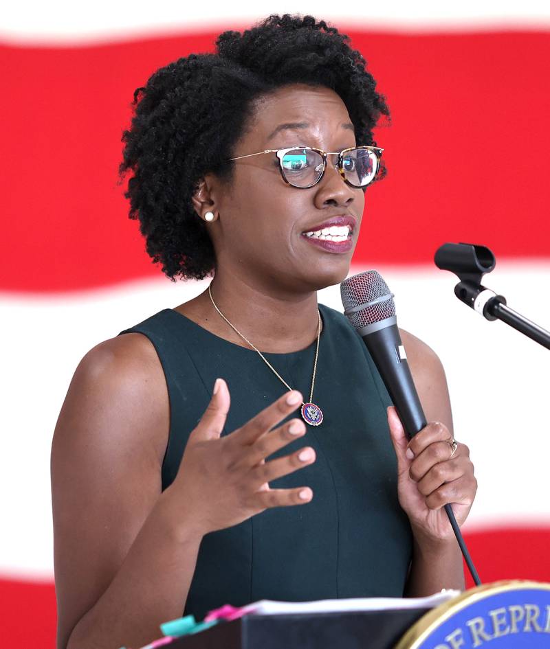 U.S. Rep. Lauren Underwood, D-Naperville, answers a question from the audience Tuesday, Aug. 23, 2022, during a town hall meeting in one of the hangers at the DeKalb Taylor Municipal Airport.