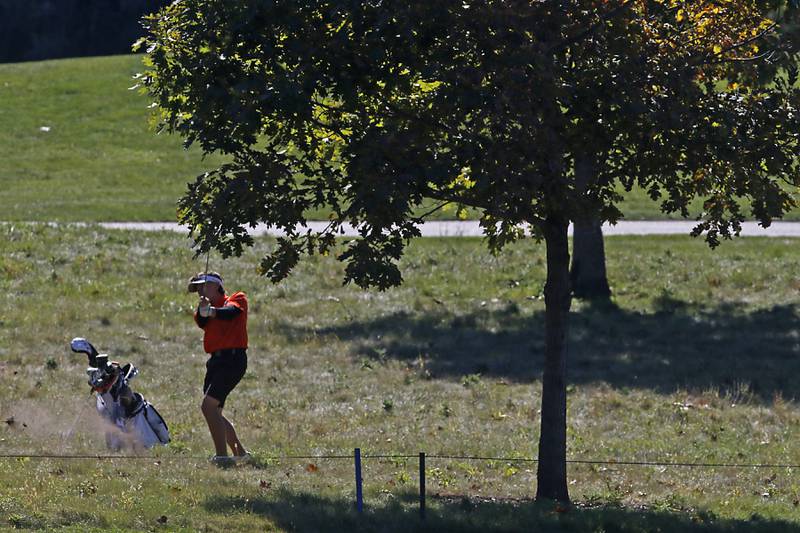 Crystal Lake Central’s Jack Brice hits out of the rough on the eighth hole during the IHSA Class 3A Dundee-Crown Regional golf tournament on Wednesday, Oct. 2, 2024 at Randall Oaks Golf Club in West Dundee.