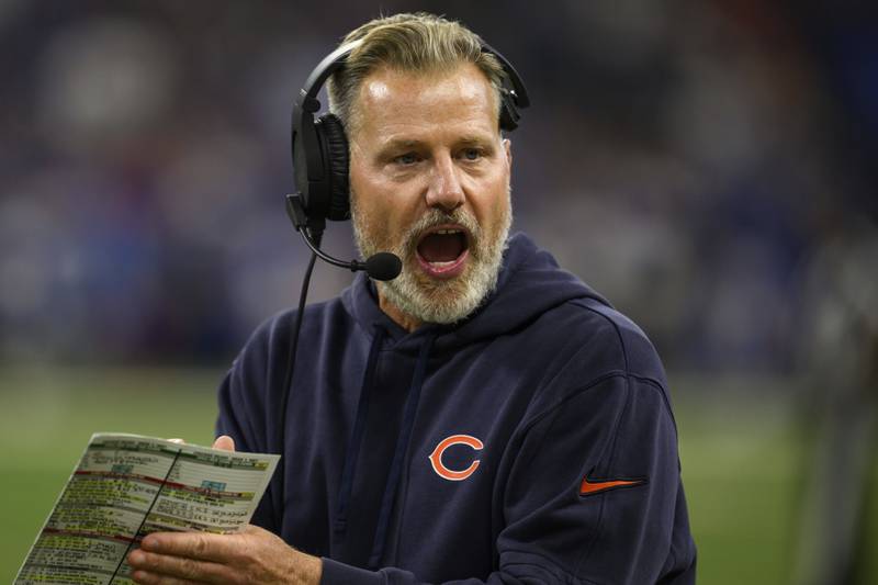 Chicago Bears head coach Matt Eberflus on the sidelines during an NFL football game against the Indianapolis Colts in September in Indianapolis. The Colts defeated the Bears 21-16. (AP Photo/Zach Bolinger)
