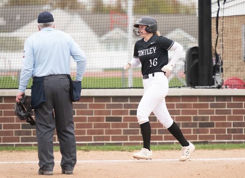 Huntley's Lyla Ginczycki runs to home base after hitting a home run during their game against McHenry on Wednesday, April 30, 2025 at Huntley High School. Ryan Rayburn for Shaw Local
