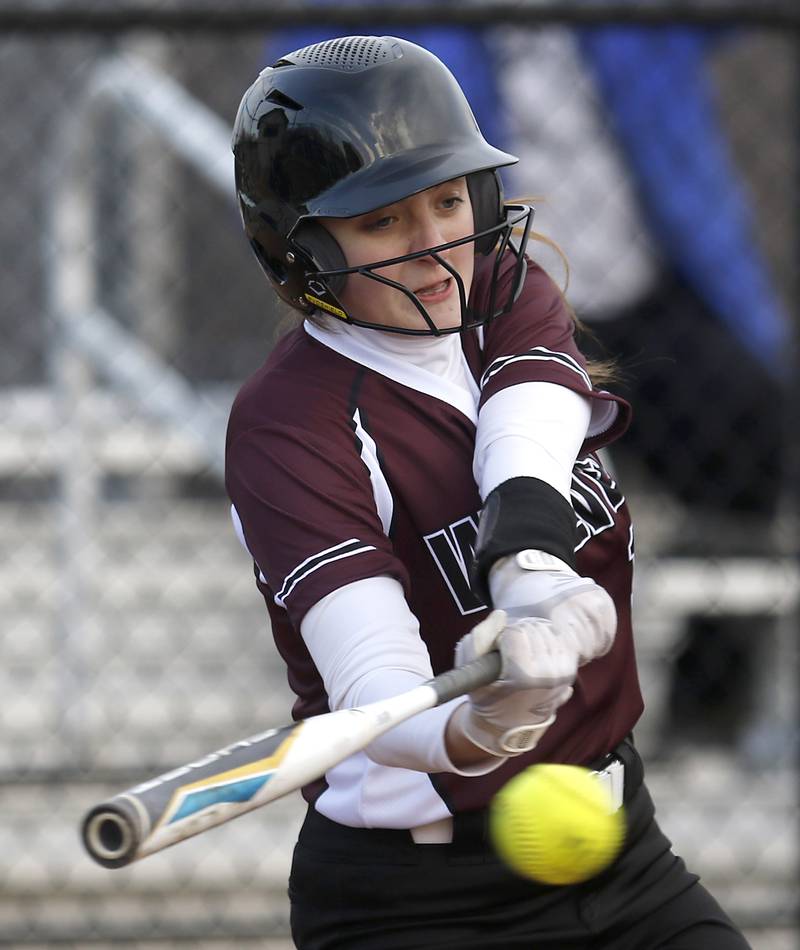 Prairie Ridge’s Parker Frey tries to hit the ball during a nonconference softball game against Grayslake North Thursday. March 23, 2023, at Grayslake North High School.
