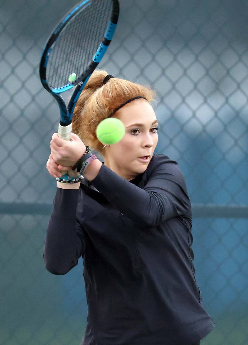 Plainfield NorthÕs Jessica Kovalcik plays in the 2A Singles Semifinal at the IHSA State Tennis Finals Saturday October 21, 2023 in Buffalo Grove.