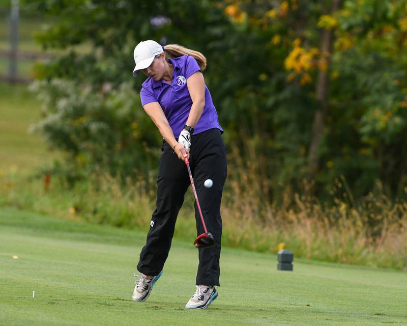 Sophia Podmolik of Joliet Township tees off during the Southwest Prairie conference meet on Wednesday Sept. 24, 2025, held at Blackberry Oaks Golf course in Bristal.