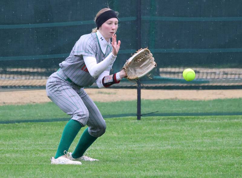 LaSalle-Peru's Lydia Steinbach plays a ball on a bounce Thursday, April 30, 2026, during their game at Sycamore High School.