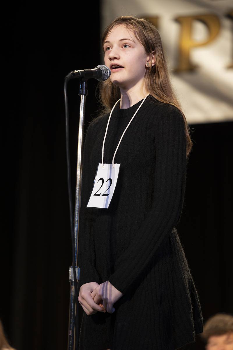 Audrey Metcalf of Meridian Junior High went out on the word "ellipse" in round three Thursday, Feb. 20, 2025, at the Lee, Ogle, Whiteside County Regional Spelling Bee.