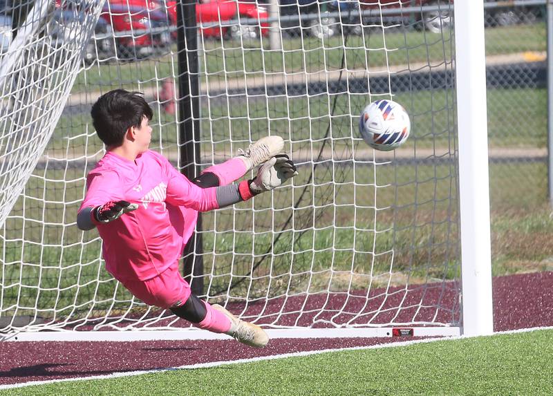 Mendota keeper Goy Mateo misses a tiebreaker kick at the end of regulation against Quincy Notre Dame during the Class 1A Sectional semifinal game on Saturday, Oct. 21, 2023 at Illinois Valley Central High School in Chillicothe.