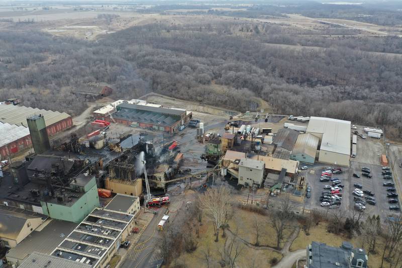An aerial view looking East of the Carus Chemical Company fire on Wednesday, Jan. 11, 2023 in La Salle.