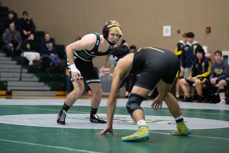 Coal City's Owen Petersen, left, and Yorkville's Christian Sandoval wrestle in the 126-pound match during the IHSA Class 1A Coal City Dual Team Sectional on Thursday, Feb. 5, 2026.
