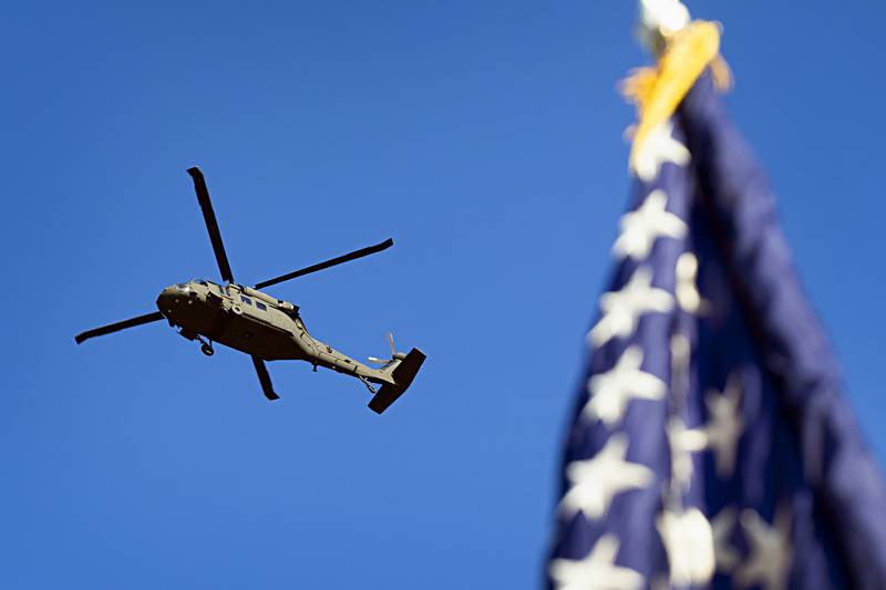 One of two Blackhawk helicopters fly over RB&W Park Friday, Sept. 1, 2023 in Rock Falls for the opening ceremony of the Vietnam Traveling Memorial Wall.