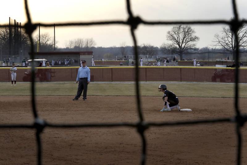 Prairie Ridge's Ady Kiddy prepares to take a leadoff from second base during a nonconference softball game against Richmond-Burton on Tuesday, March 18, 2025, at Richmond-Burton High School.