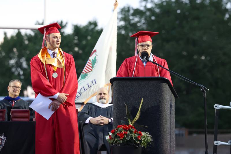 Derek Otero address his fellow graduating classmates during the Bradley-Bourbonnais Community High School commencement ceremony on Thursday, May 21, 2026.