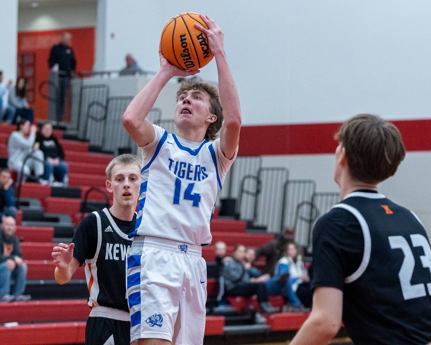 Jackson Mason (14) of Princeton pulls up for midrange shot during the Colmone Classic on Saturday, December 13, 2025 at Hall High School in Spring Valley.