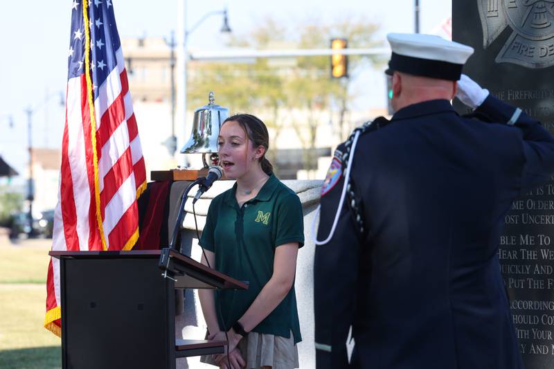 Bishop McNamara's Gianna Jungman sings the National Anthem during the 44th Kankakee County Fallen Firefighter Memorial Service on Friday, Oct. 3, 2025.