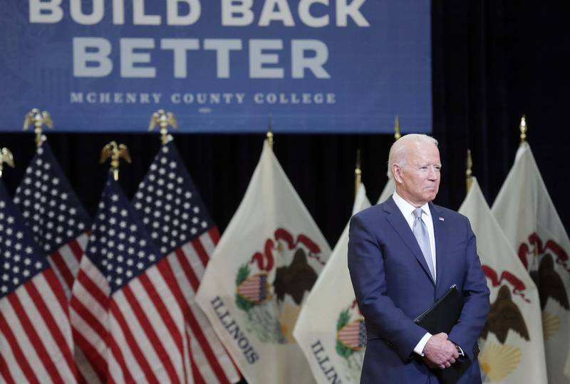 President Joe Biden waits to speak Wednesday, July 7, 2021, at McHenry County College in Crystal Lake.