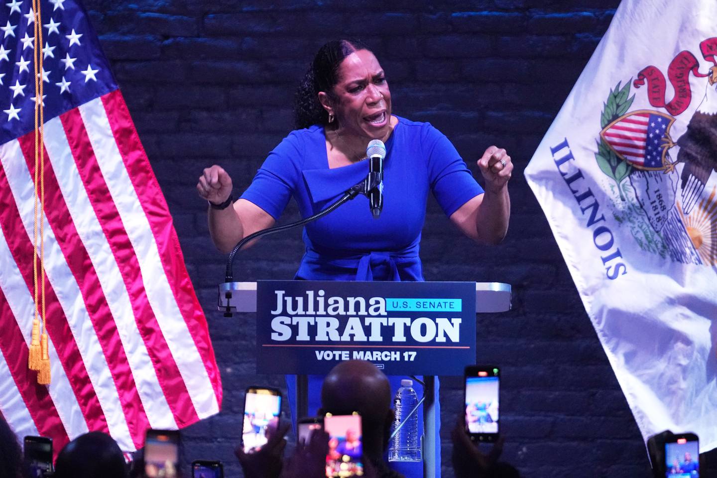 Illinois Lt. Gov. Juliana Stratton, speaks during a primary election night watch party after winning the Democratic primary for U.S. Senate, Tuesday, March 17, 2026, in Chicago. (AP Photo/Erin Hooley)